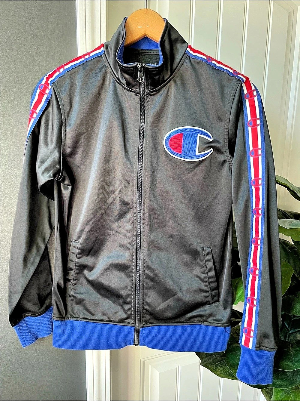 Champion Life Big C & Logo Taping Track Jacket Black & Blue Youth Size Large
